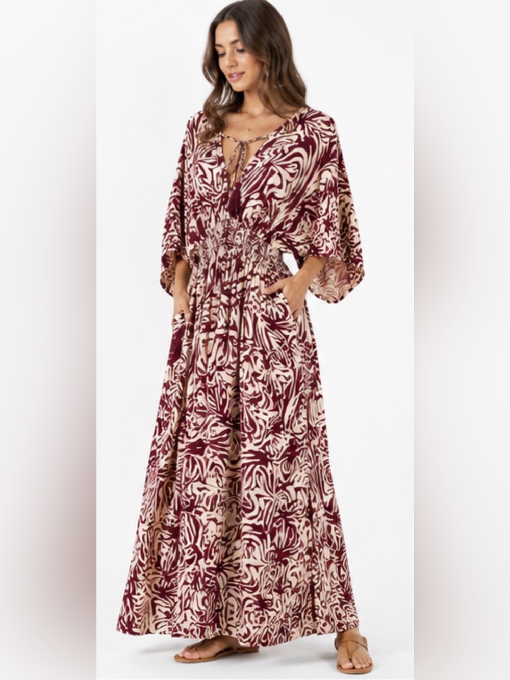 White Water NWT Art Silk Batwing Smocked Maxi Dress S/M Burgundy